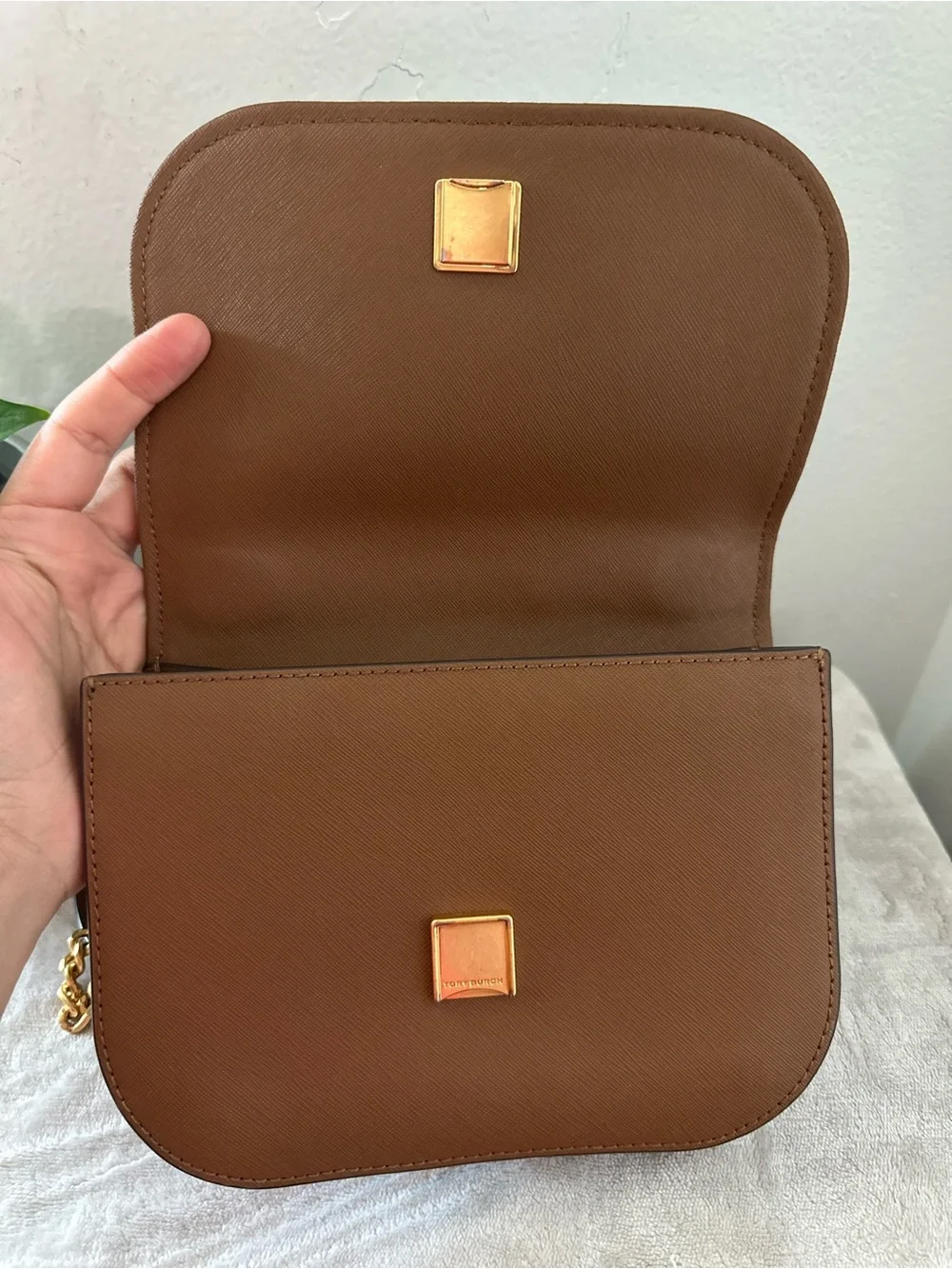 Tory Burch Brown Leather Crossbody with Gold Chain